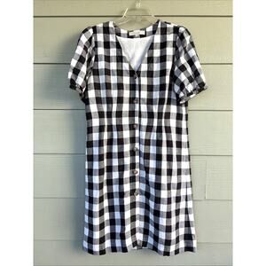 Ann Taylor Loft Black White Gingham Plaid Vneck Linen Blend Shirt Dress Women 6